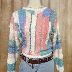 Vintage 90s Color Block Pastel Knit Sweater Multicolor Geometric Striped Retro